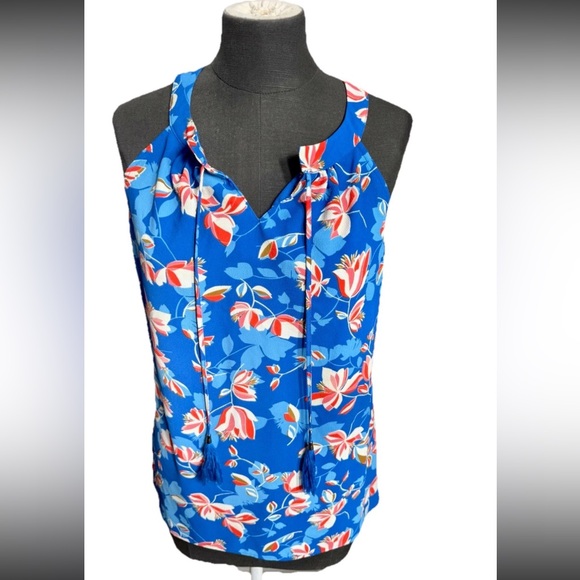 Rose + Olive blue floral rounded neck band tank tie string closure w tassels, sm - Picture 1 of 10